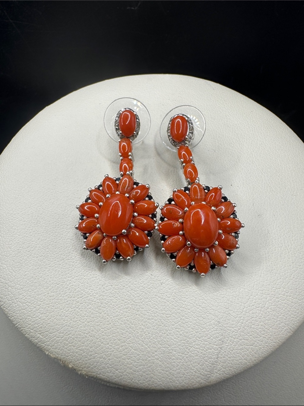 Red Carnelian Cluster  Flower Drop Earrings - Sterling Silver